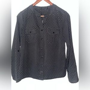 WOMENS BLOUSE/TOP BLUE/NAVY BUTTON DOWN ROLL UP SLEEVES POCKETS POLKA DOTS